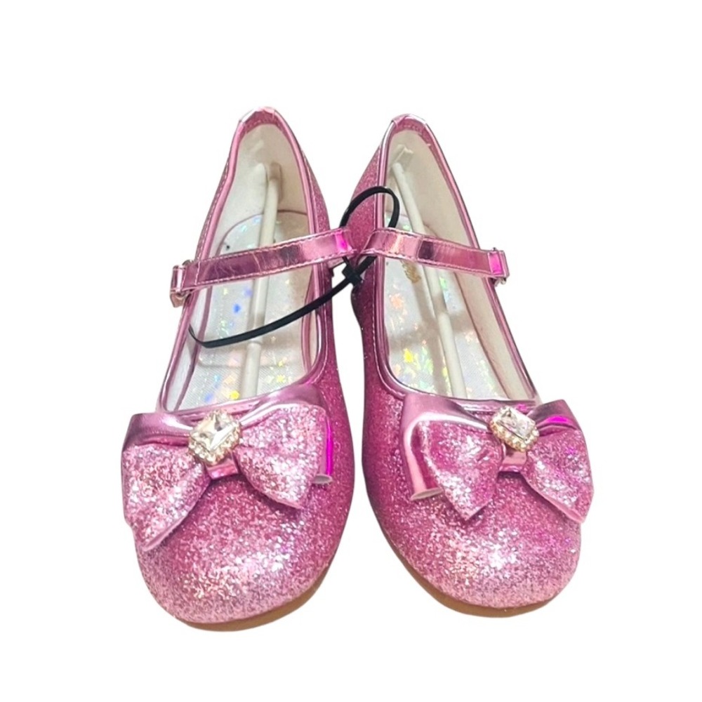 NEW‎ Girls Pink Glitter Princess Dress Up Shoes Rhinestone Bow Heels Size 4